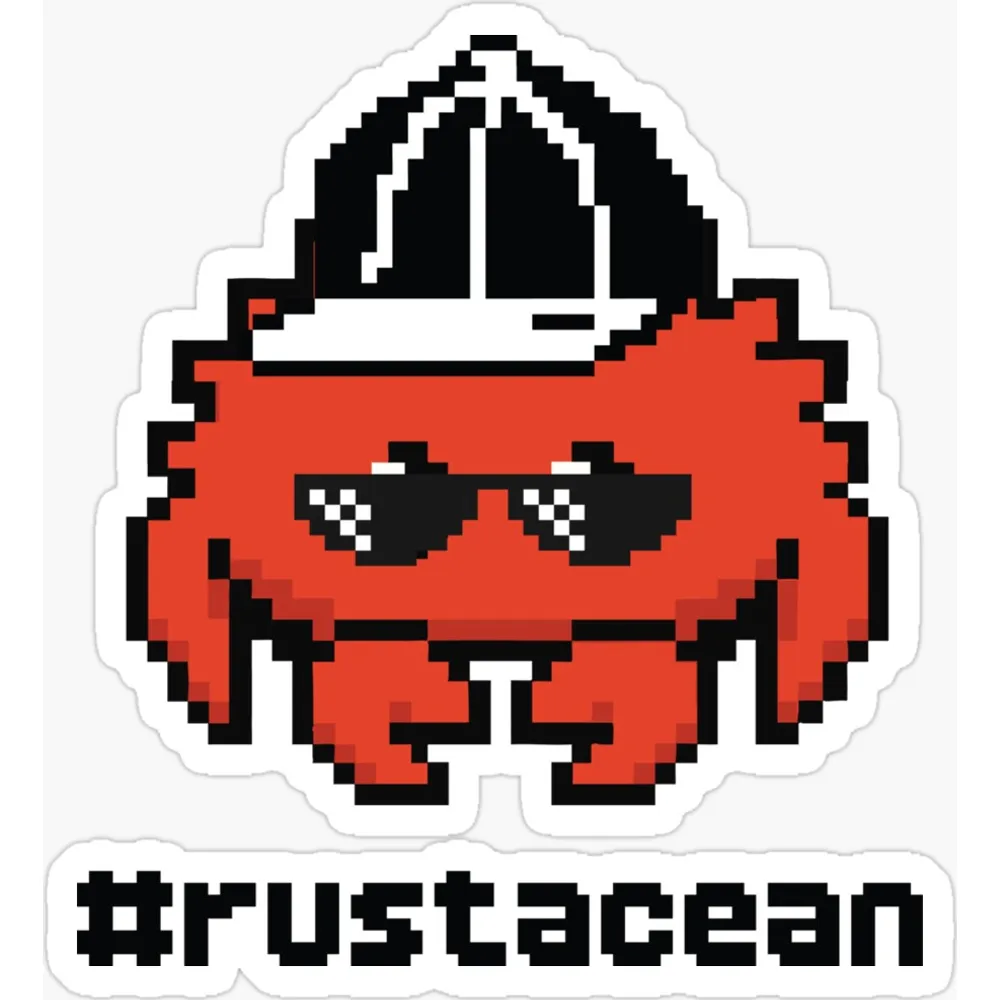 Pixel-art illustration of Ferris, the orange Rust crab mascot, with raised pincers